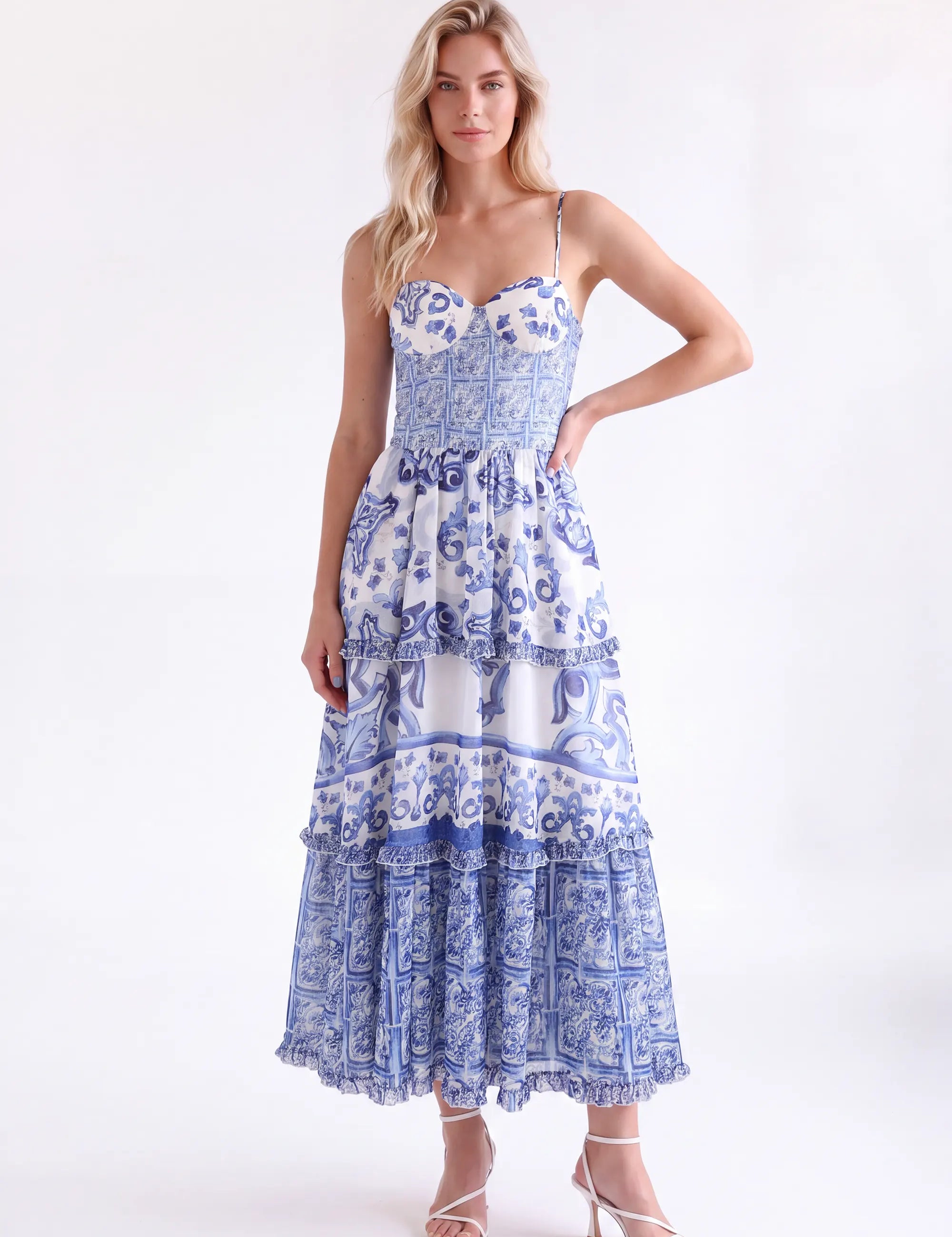 Blue and White Porcelain Pattern Tiered Cami Maxi Dress — Model White Background Front