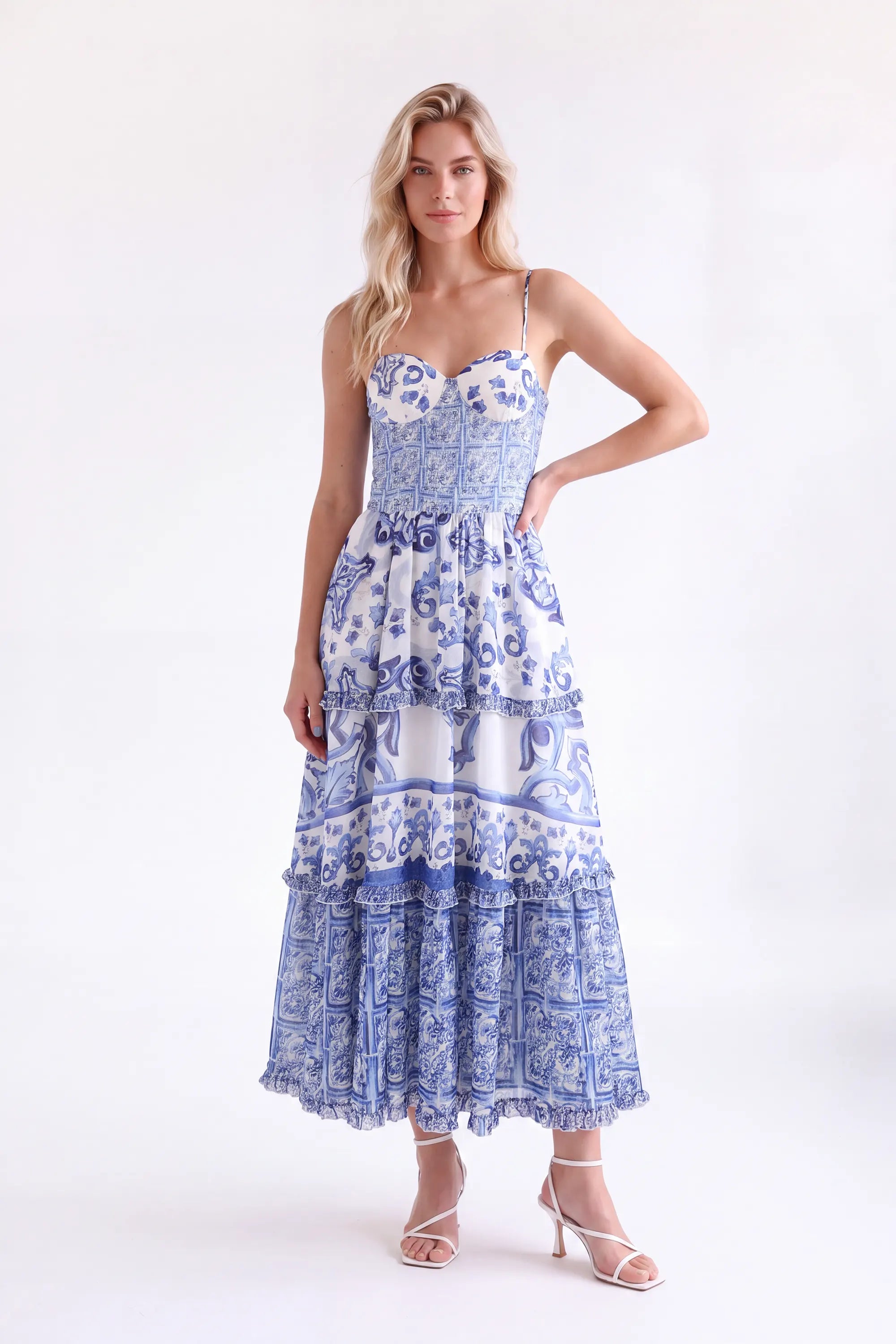 Blue and White Porcelain Pattern Tiered Cami Maxi Dress — Model White Background Front
