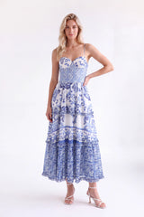 Blue and White Porcelain Pattern Tiered Cami Maxi Dress