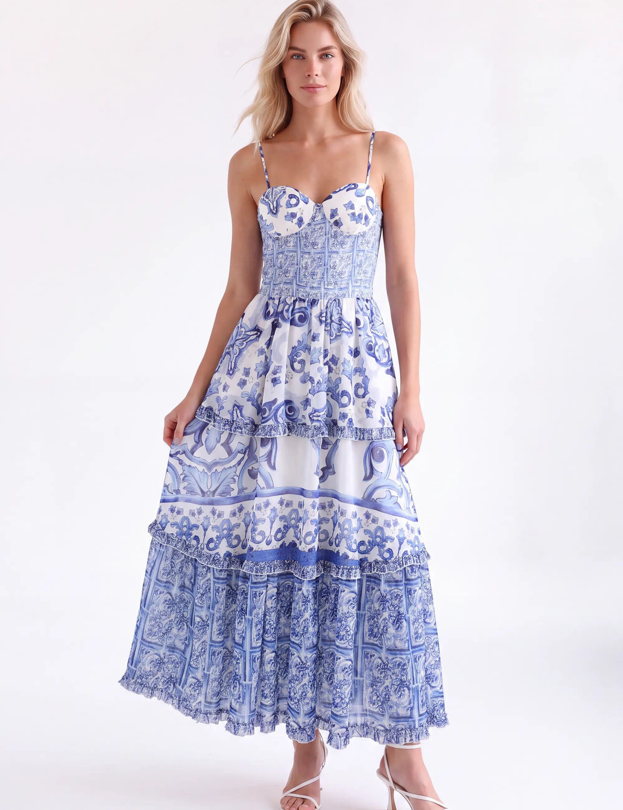 Blue and White Porcelain Pattern Tiered Cami Maxi Dress — Model White Background View 2