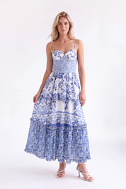 Blue and White Porcelain Pattern Tiered Cami Maxi Dress — Model White Background View 2