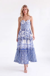 Blue and White Porcelain Pattern Tiered Cami Maxi Dress — Model White Background View 3