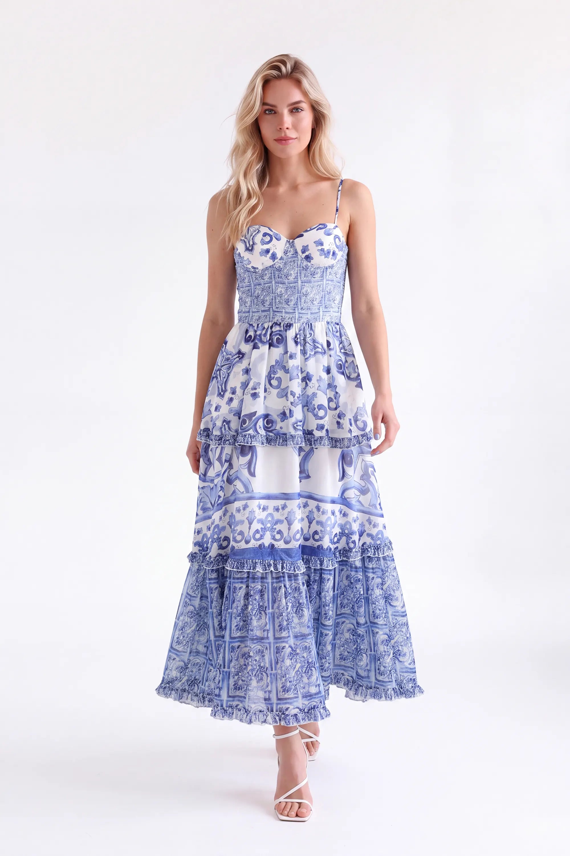Blue and White Porcelain Pattern Tiered Cami Maxi Dress — Model White Background View 3