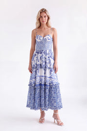 Blue and White Porcelain Pattern Tiered Cami Maxi Dress — Model White Background View 4