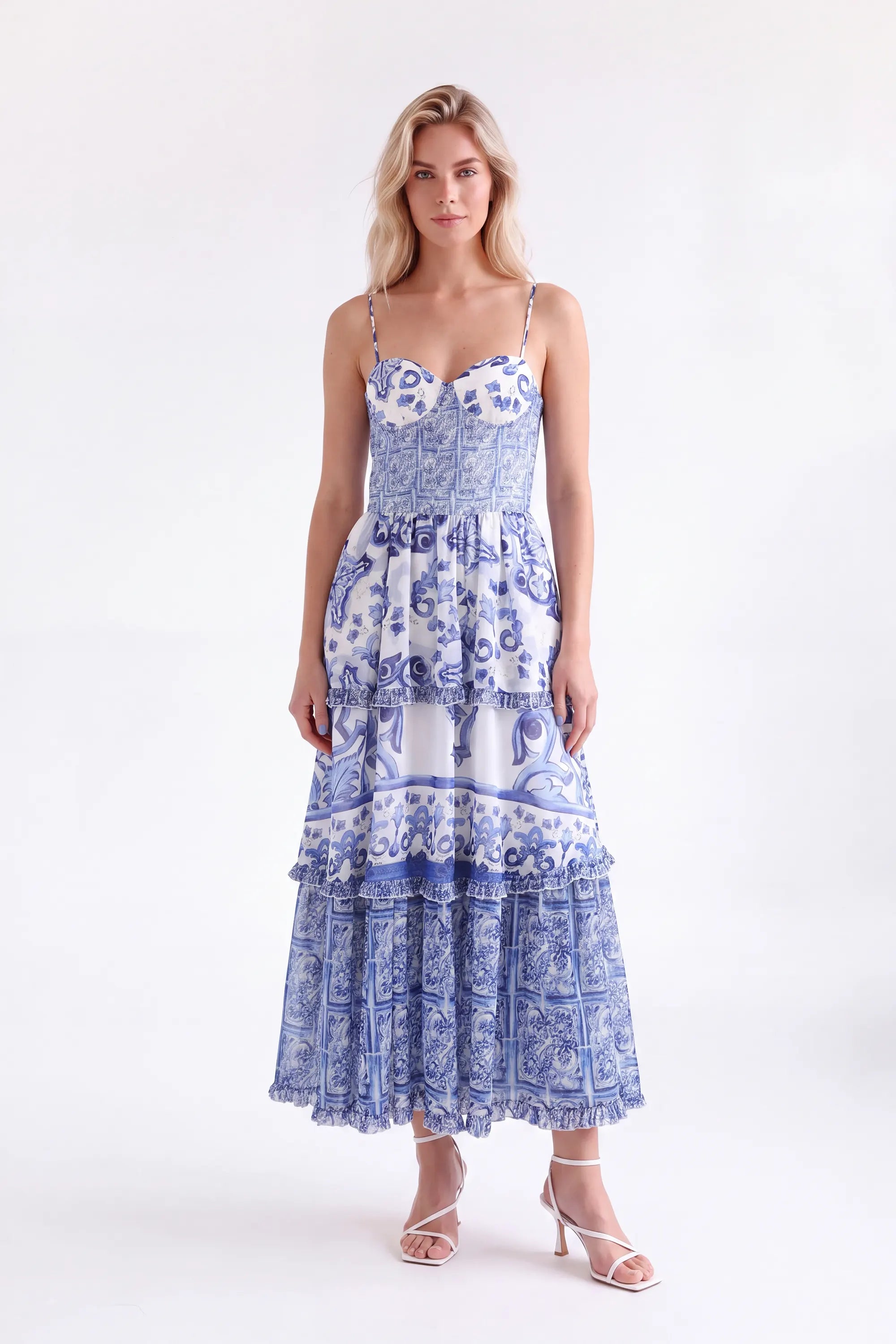 Blue and White Porcelain Pattern Tiered Cami Maxi Dress — Model White Background View 4