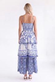 Blue and White Porcelain Pattern Tiered Cami Maxi Dress — Model White Background View 5