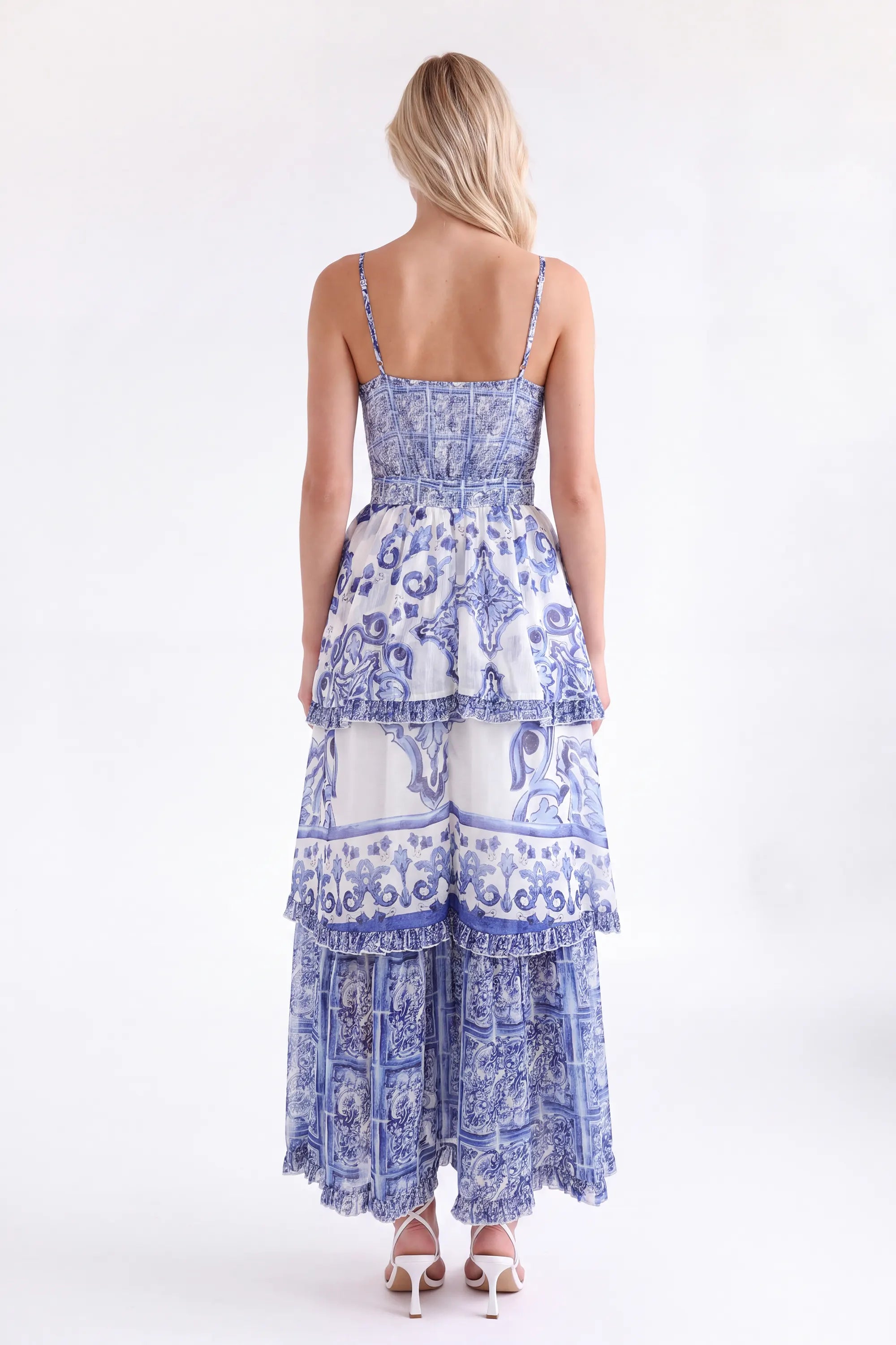 Blue and White Porcelain Pattern Tiered Cami Maxi Dress — Model White Background View 5