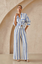 Elppis Blue and White Striped Oversized Linen-Blend Long Sleee Shirt, editorial styling view on model — SKU 3B5F07485WW