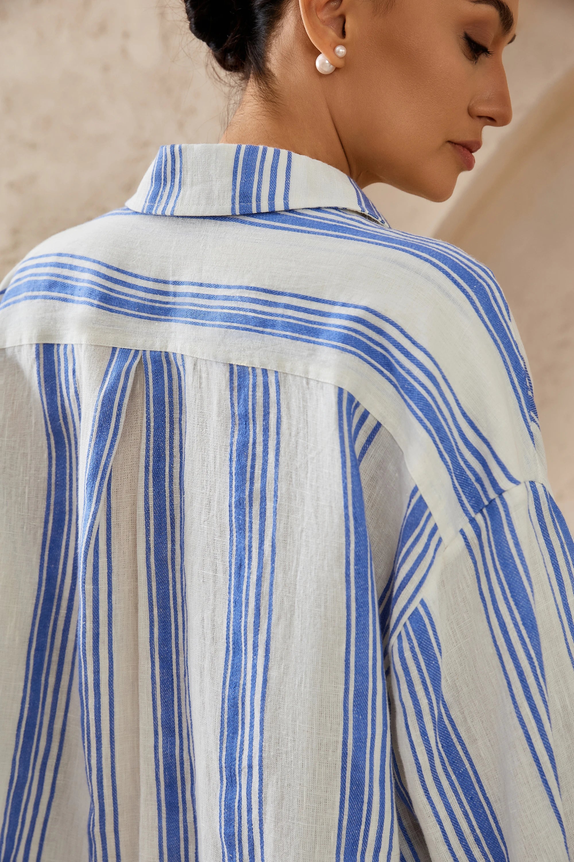 Elppis Blue and White Striped Oversized Linen-Blend Long Sleee Shirt, editorial styling view on model — SKU 3B5F07485WW