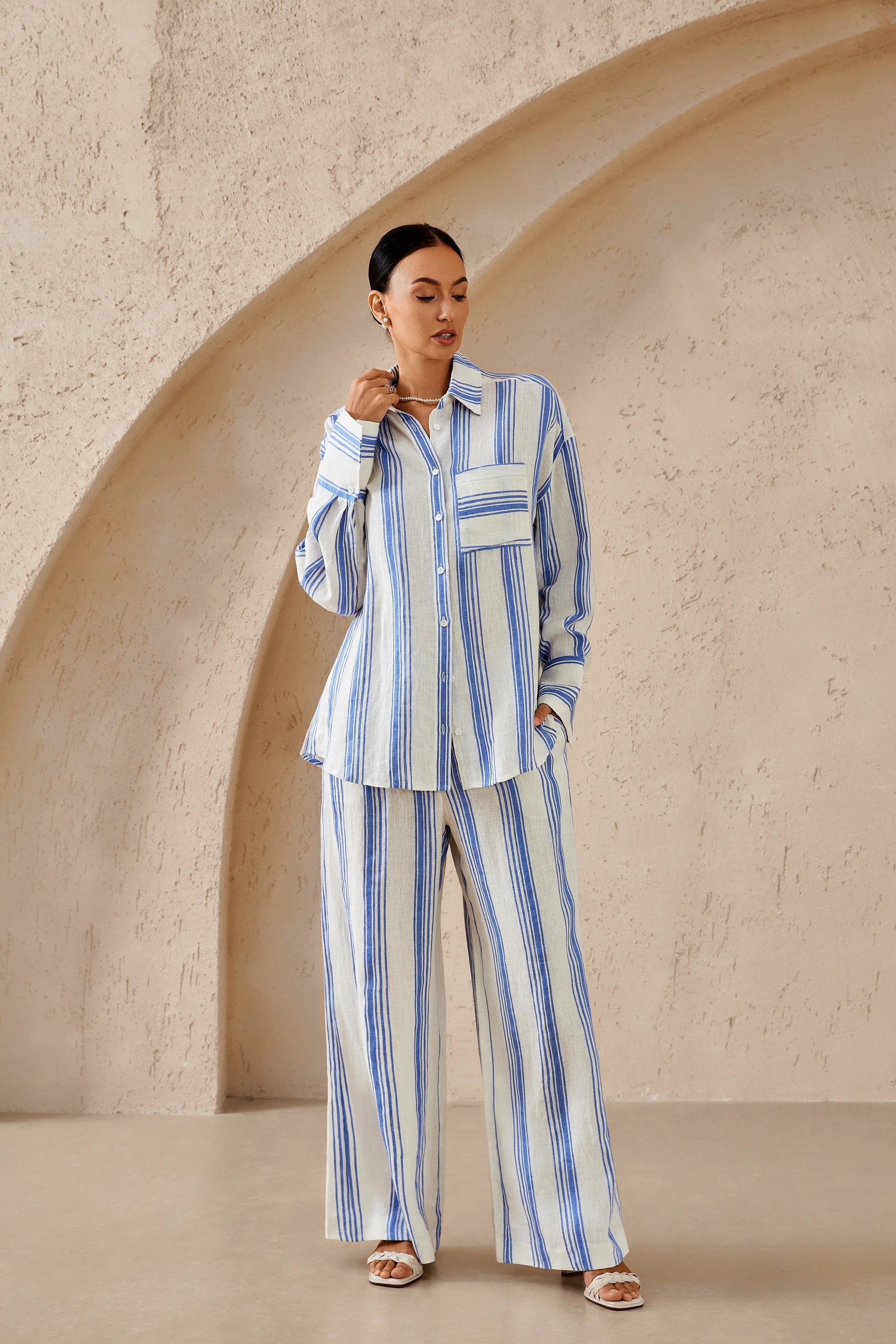 Elppis Blue and White Striped Oversized Linen-Blend Long Sleee Shirt, editorial styling view on model — SKU 3B5F07485WW