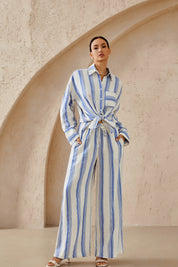 Elppis Blue and White Striped Oversized Linen-Blend Long Sleee Shirt, editorial styling view on model — SKU 3B5F07485WW
