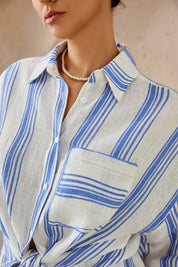 Elppis Blue and White Striped Oversized Linen-Blend Long Sleee Shirt, editorial styling view on model — SKU 3B5F07485WW