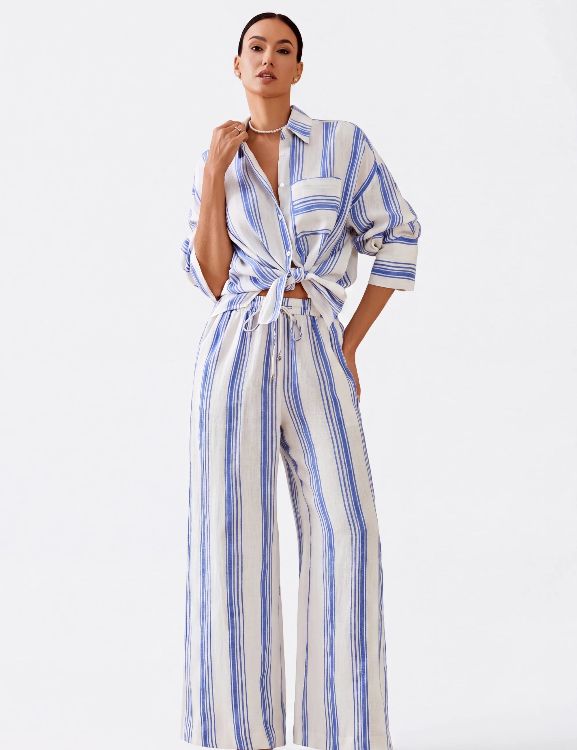 Elppis Blue and White Striped Oversized Linen-Blend Long Sleee Shirt, white-background full-length front view on model — SKU 3B5F07485WW