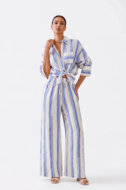 Elppis Blue and White Striped Oversized Linen-Blend Long Sleee Shirt, white-background full-length front view on model — SKU 3B5F07485WW