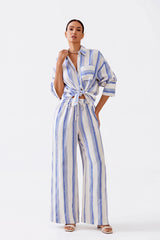 Blue and White Striped Oversized Linen-Blend Long Sleee Shirt