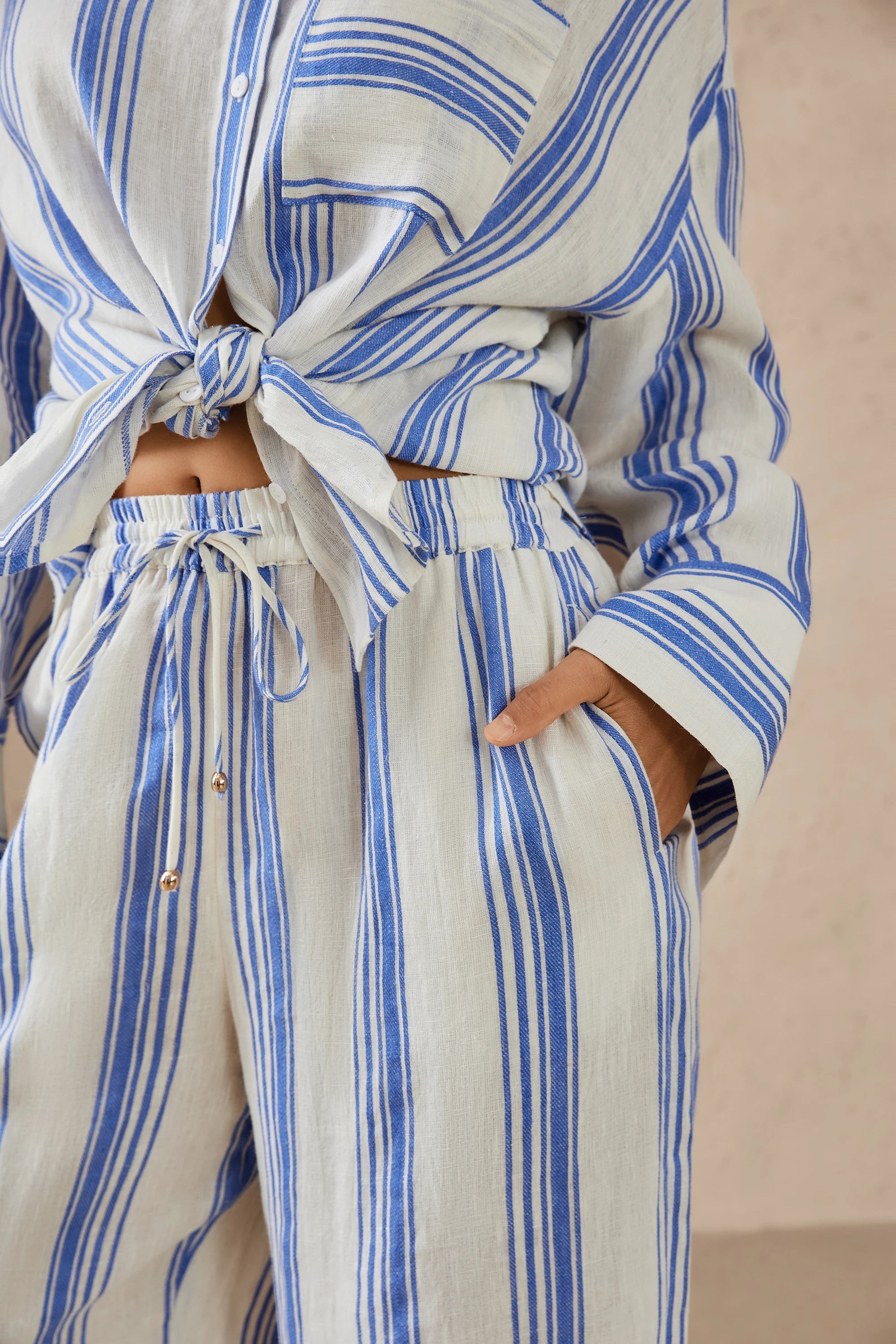 Elppis Blue and White Striped Oversized Linen-Blend Long Sleee Shirt, product detail view — SKU 3B5F07485WW