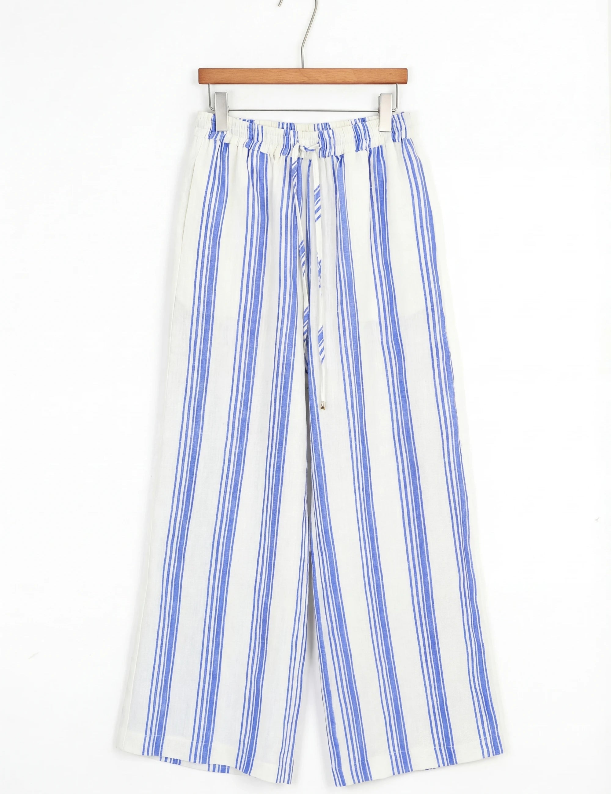 Elppis Blue and White Striped Oversized Linen-Blend Long Sleee Shirt, product packshot on white background — SKU 3B5F07485WW