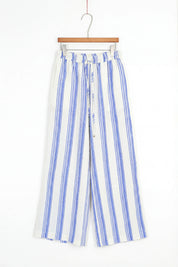 Elppis Blue and White Striped Oversized Linen-Blend Long Sleee Shirt, product packshot on white background — SKU 3B5F07485WW