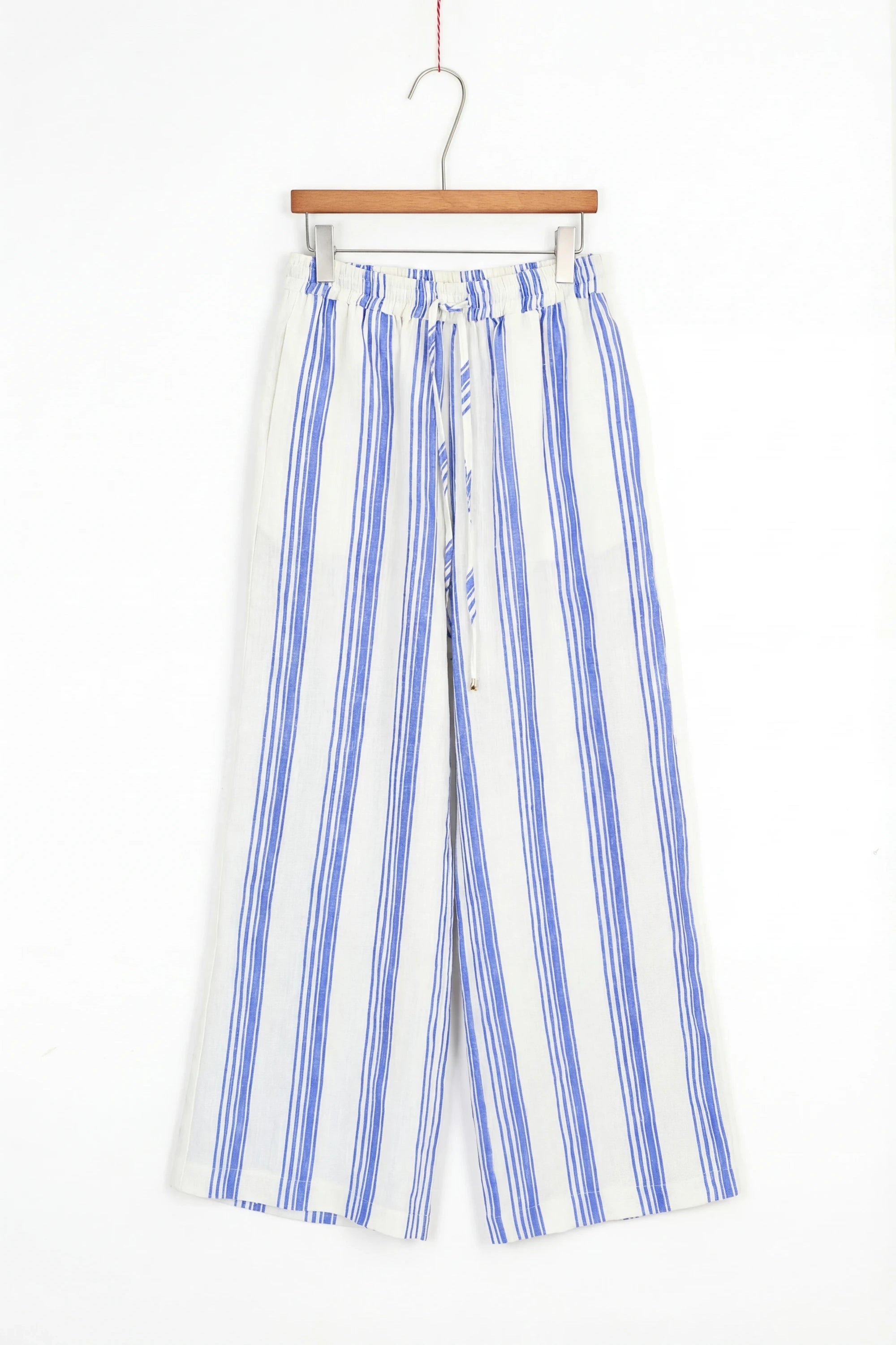 Elppis Blue and White Striped Oversized Linen-Blend Long Sleee Shirt, product packshot on white background — SKU 3B5F07485WW