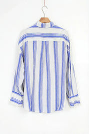 Elppis Blue and White Striped Oversized Linen-Blend Long Sleee Shirt, product packshot on white background — SKU 3B5F07485WW