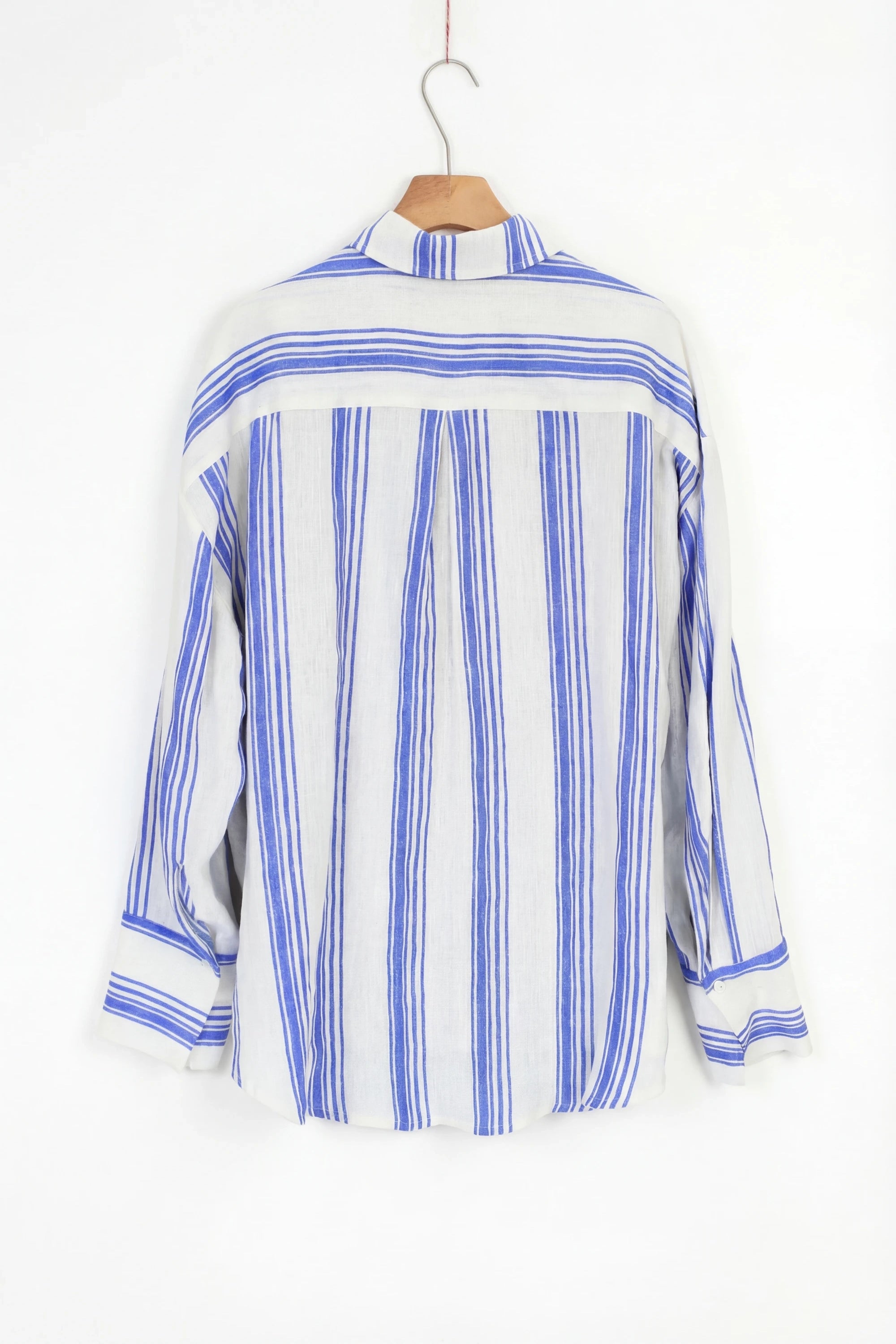 Elppis Blue and White Striped Oversized Linen-Blend Long Sleee Shirt, product packshot on white background — SKU 3B5F07485WW