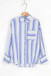 Elppis Blue and White Striped Oversized Linen-Blend Long Sleee Shirt, product packshot on white background — SKU 3B5F07485WW