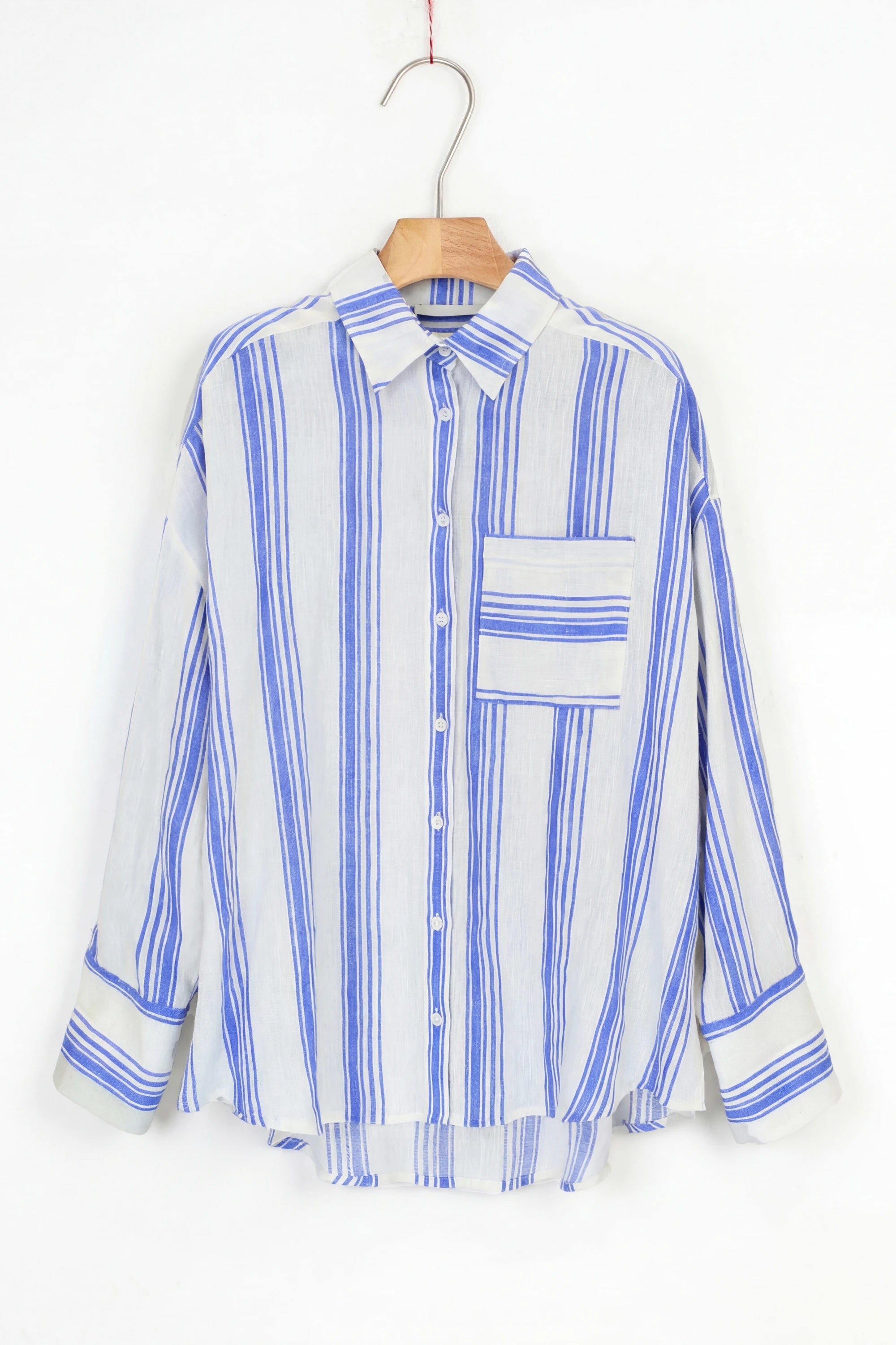 Elppis Blue and White Striped Oversized Linen-Blend Long Sleee Shirt, product packshot on white background — SKU 3B5F07485WW