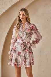 Elppis Blush Pink Romantic Rose Print Chiffon Tunic with Ruffled Hem, editorial styling view on model — SKU 1J6K10587BO