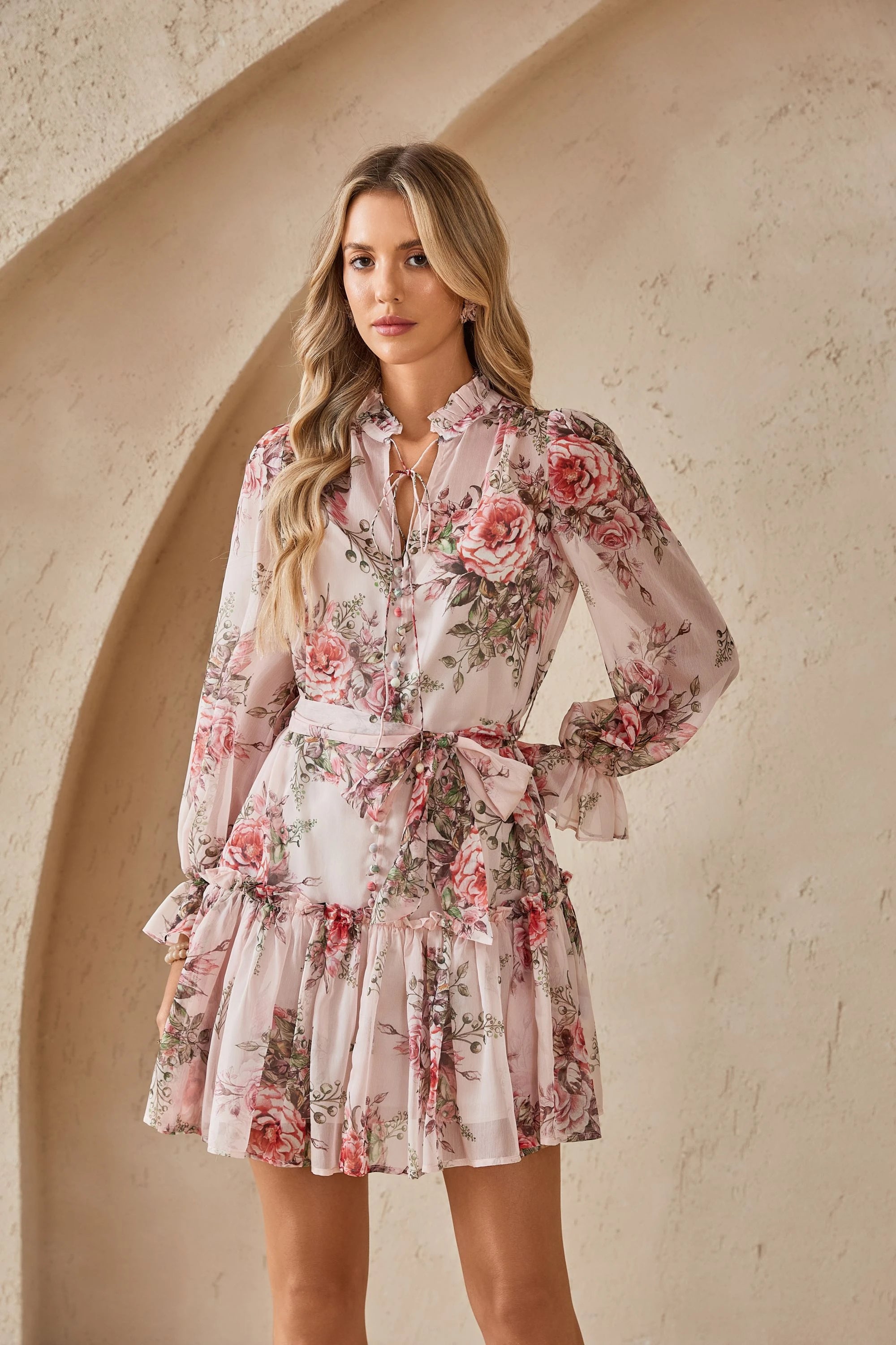 Elppis Blush Pink Romantic Rose Print Chiffon Tunic with Ruffled Hem, editorial styling view on model — SKU 1J6K10587BO