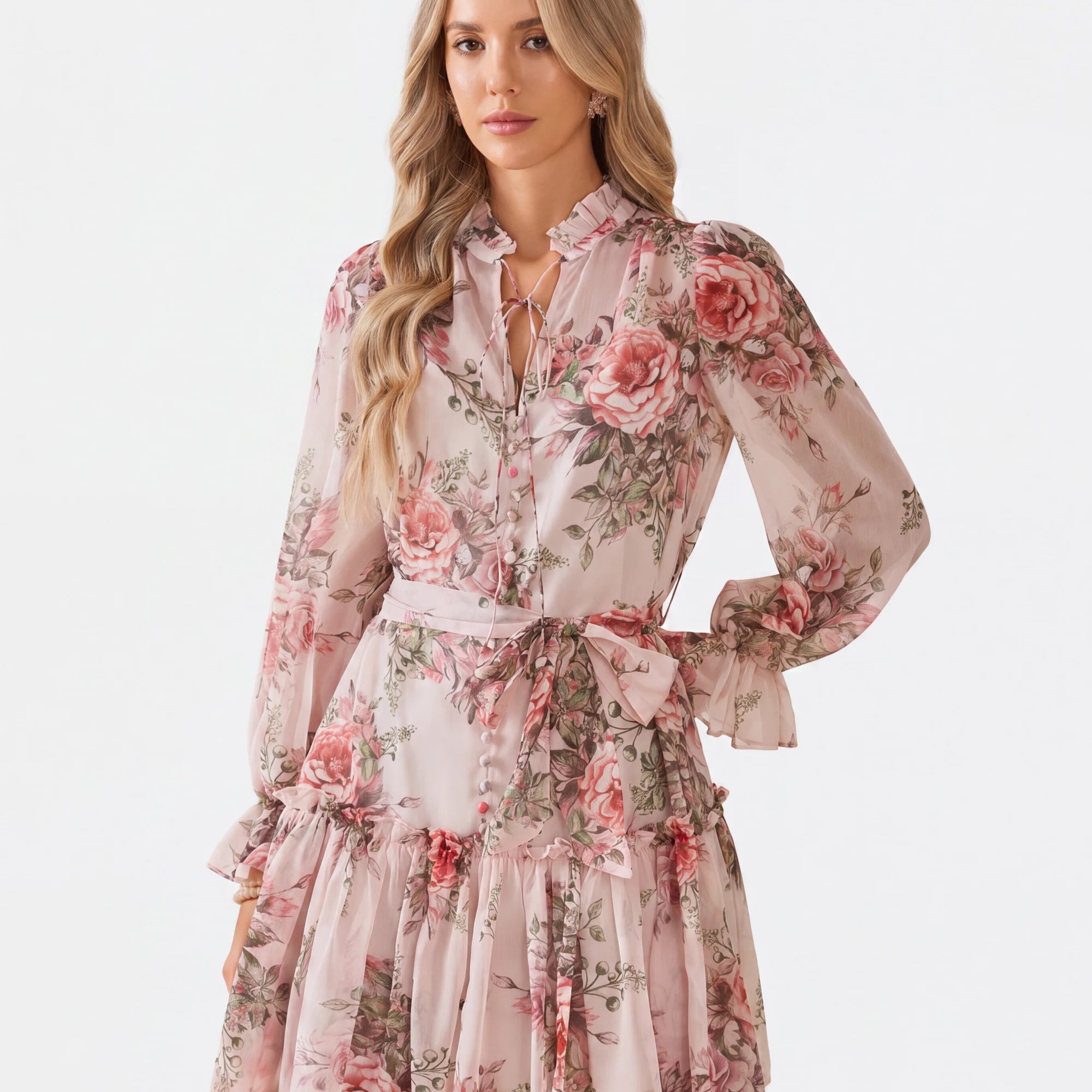 Elppis Blush Pink Romantic Rose Print Chiffon Tunic with Ruffled Hem, white-background full-length front view on model — SKU 1J6K10587BO