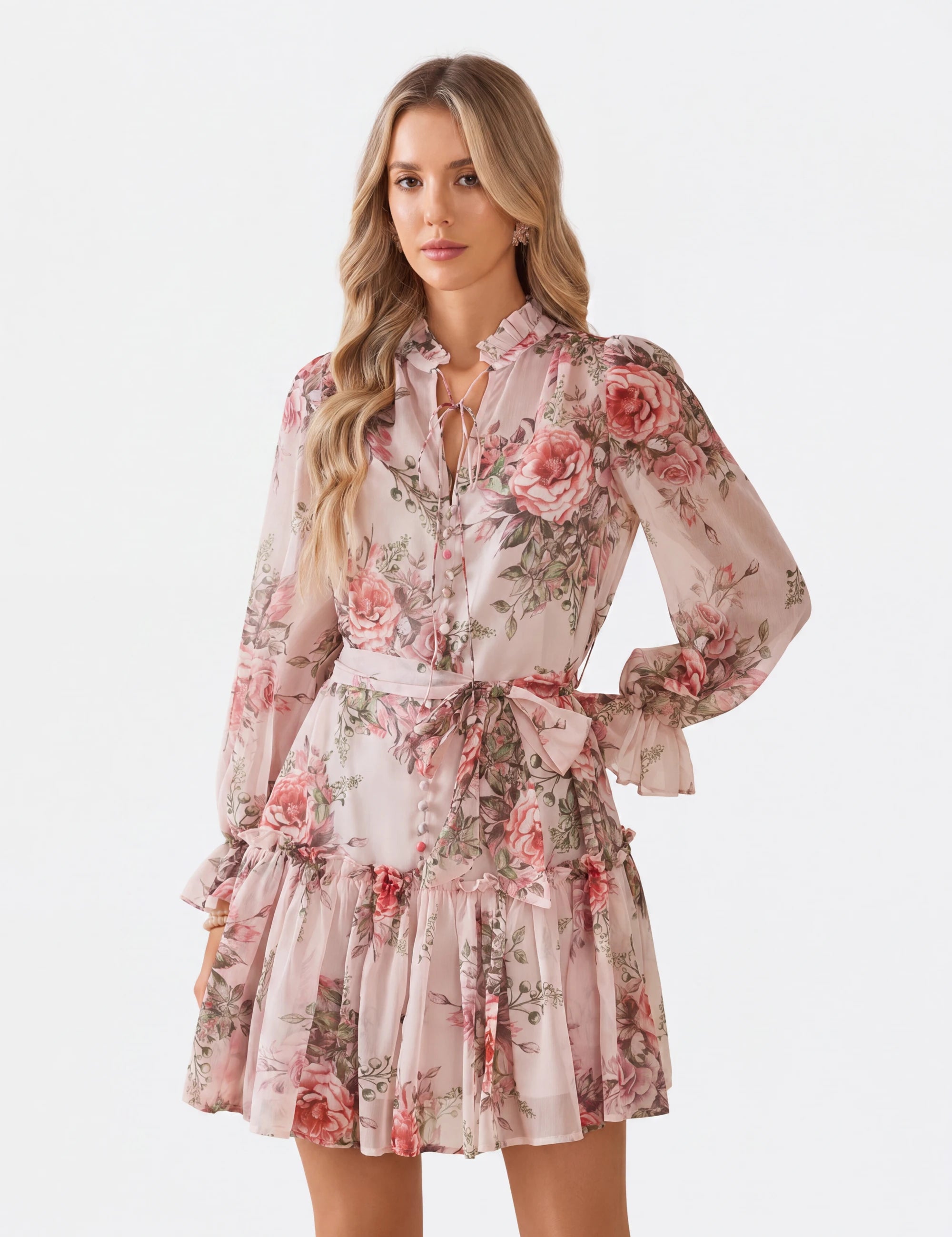 Elppis Blush Pink Romantic Rose Print Chiffon Tunic with Ruffled Hem, white-background full-length front view on model — SKU 1J6K10587BO