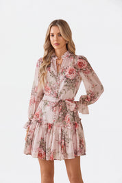 Elppis Blush Pink Romantic Rose Print Chiffon Tunic with Ruffled Hem, white-background full-length front view on model — SKU 1J6K10587BO