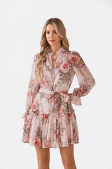 Blush Pink Romantic Rose Print Chiffon Tunic with Ruffled Hem