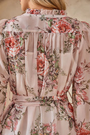 Elppis Blush Pink Romantic Rose Print Chiffon Tunic with Ruffled Hem, product detail view — SKU 1J6K10587BO