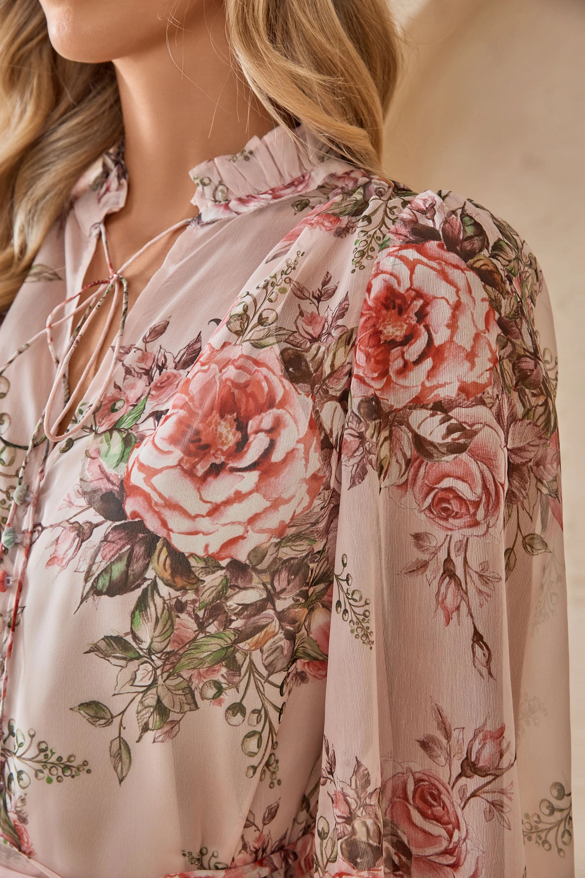 Elppis Blush Pink Romantic Rose Print Chiffon Tunic with Ruffled Hem, product detail view — SKU 1J6K10587BO