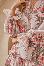 Elppis Blush Pink Romantic Rose Print Chiffon Tunic with Ruffled Hem, product detail view — SKU 1J6K10587BO