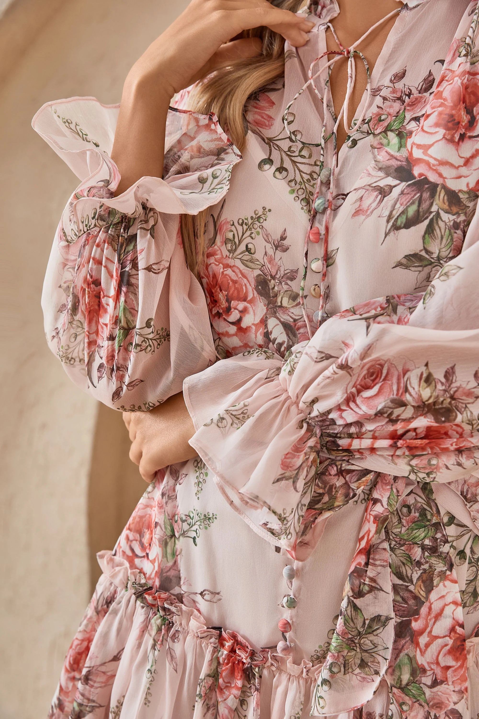Elppis Blush Pink Romantic Rose Print Chiffon Tunic with Ruffled Hem, product detail view — SKU 1J6K10587BO
