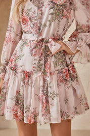 Elppis Blush Pink Romantic Rose Print Chiffon Tunic with Ruffled Hem, product detail view — SKU 1J6K10587BO