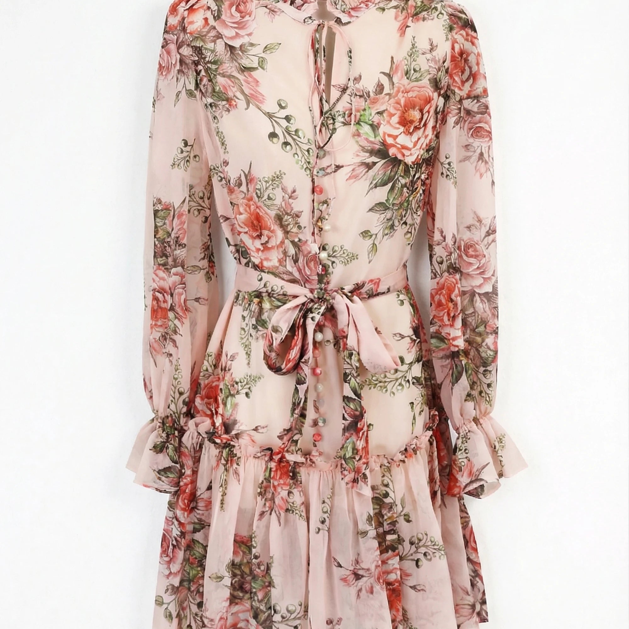 Elppis Blush Pink Romantic Rose Print Chiffon Tunic with Ruffled Hem, product packshot on white background — SKU 1J6K10587BO