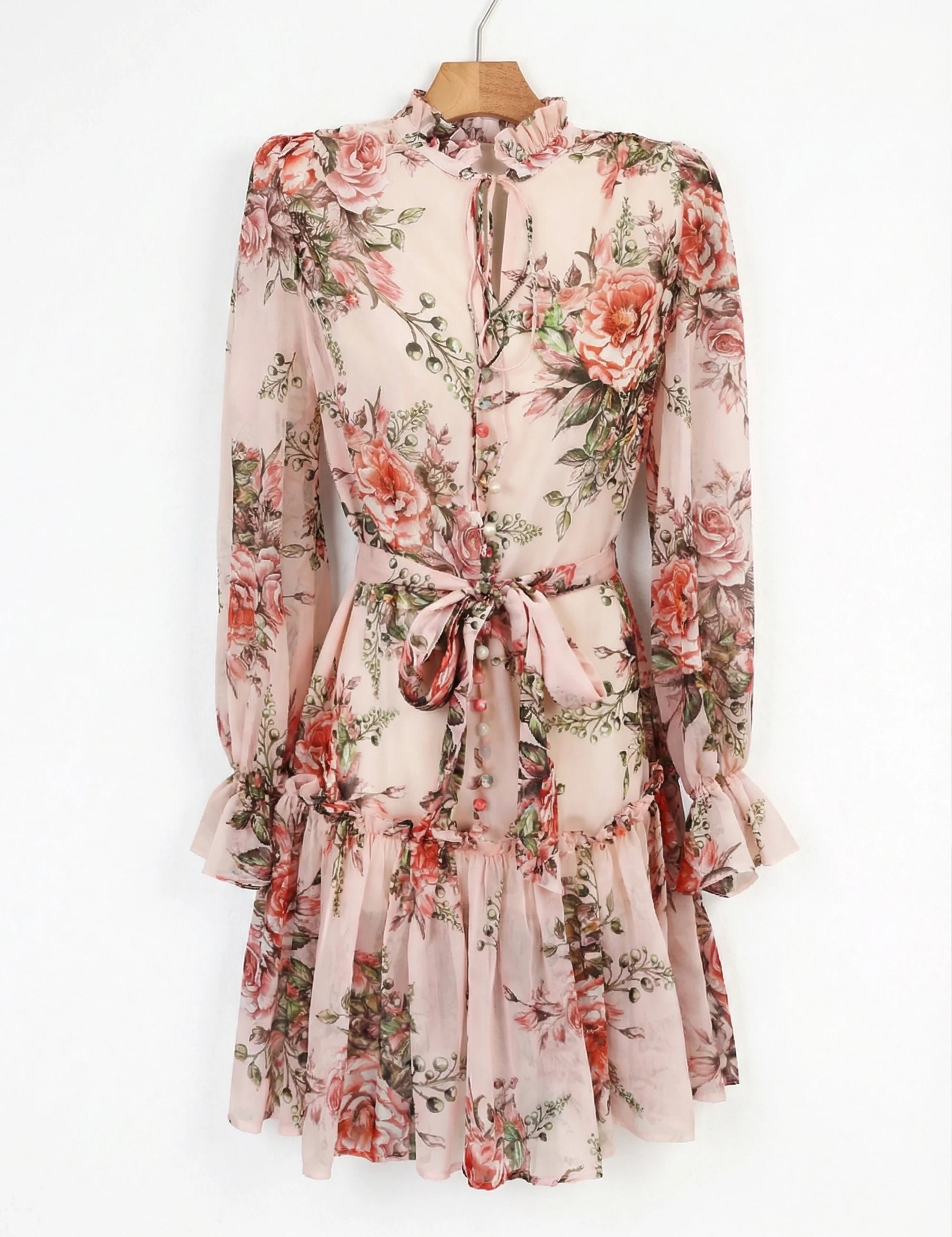 Elppis Blush Pink Romantic Rose Print Chiffon Tunic with Ruffled Hem, product packshot on white background — SKU 1J6K10587BO