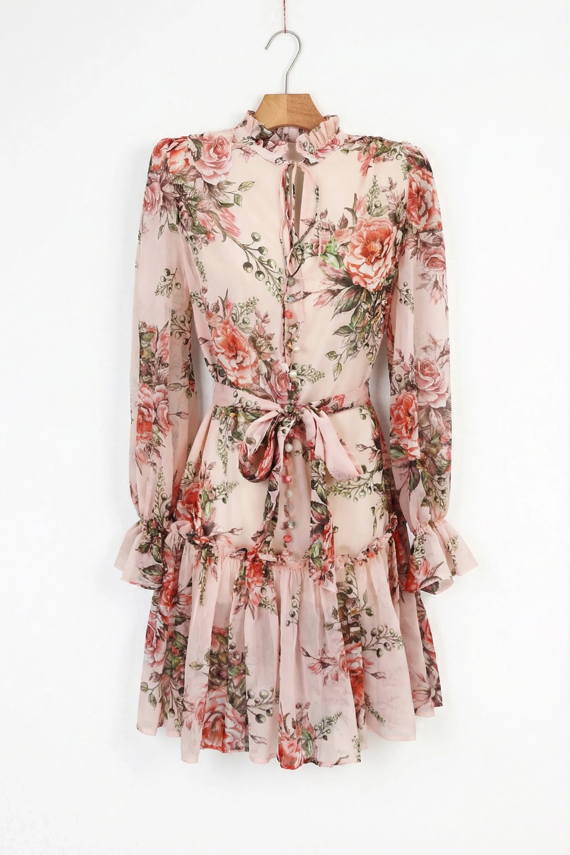 Elppis Blush Pink Romantic Rose Print Chiffon Tunic with Ruffled Hem, product packshot on white background — SKU 1J6K10587BO