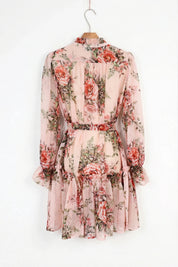 Elppis Blush Pink Romantic Rose Print Chiffon Tunic with Ruffled Hem, product packshot on white background — SKU 1J6K10587BO