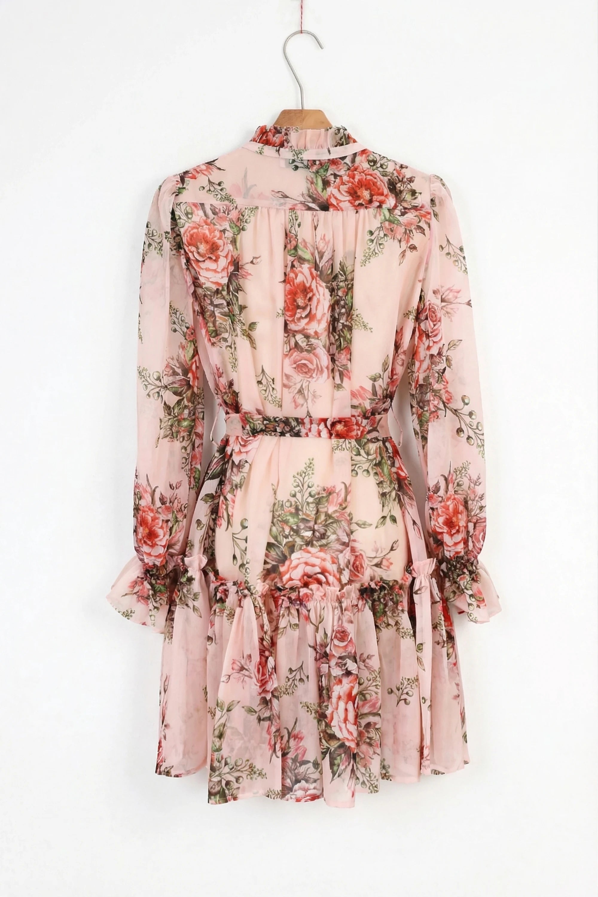 Elppis Blush Pink Romantic Rose Print Chiffon Tunic with Ruffled Hem, product packshot on white background — SKU 1J6K10587BO