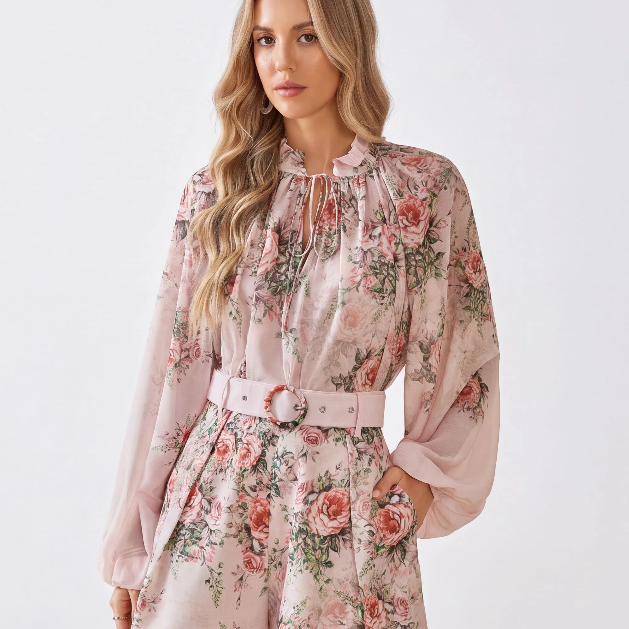 Elppis Blush Pink Rose Print Polyester Shorts with Self-Tie Belt, white-background full-length front view on model — SKU 1J6G10584BO