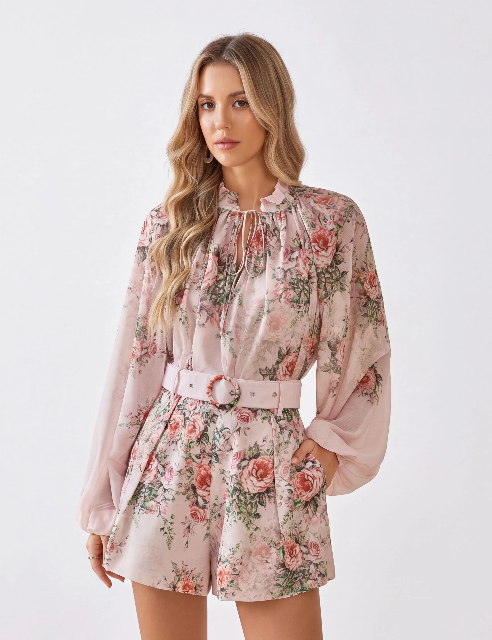 Elppis Blush Pink Rose Print Polyester Shorts with Self-Tie Belt, white-background full-length front view on model — SKU 1J6G10584BO