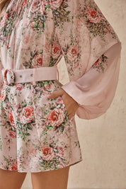 Elppis Blush Pink Rose Print Polyester Shorts with Self-Tie Belt, product detail view — SKU 1J6G10584BO
