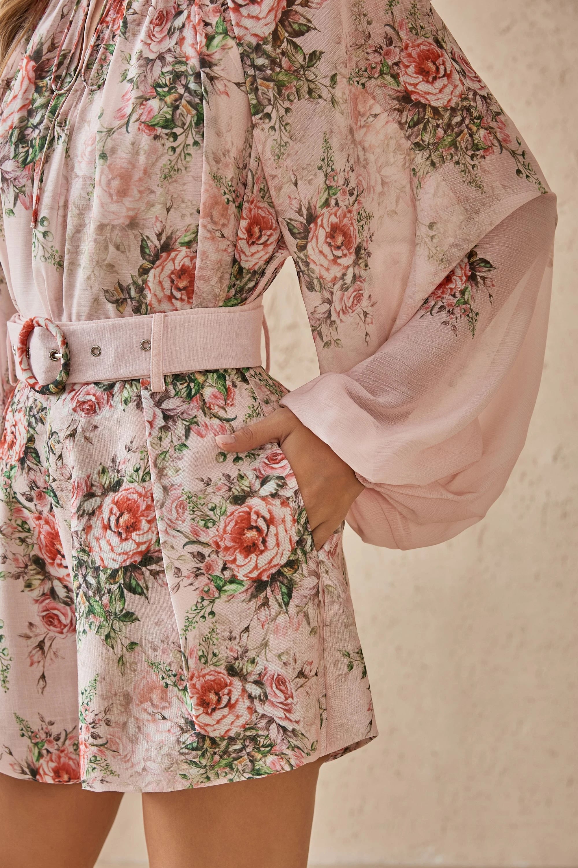 Elppis Blush Pink Rose Print Polyester Shorts with Self-Tie Belt, product detail view — SKU 1J6G10584BO