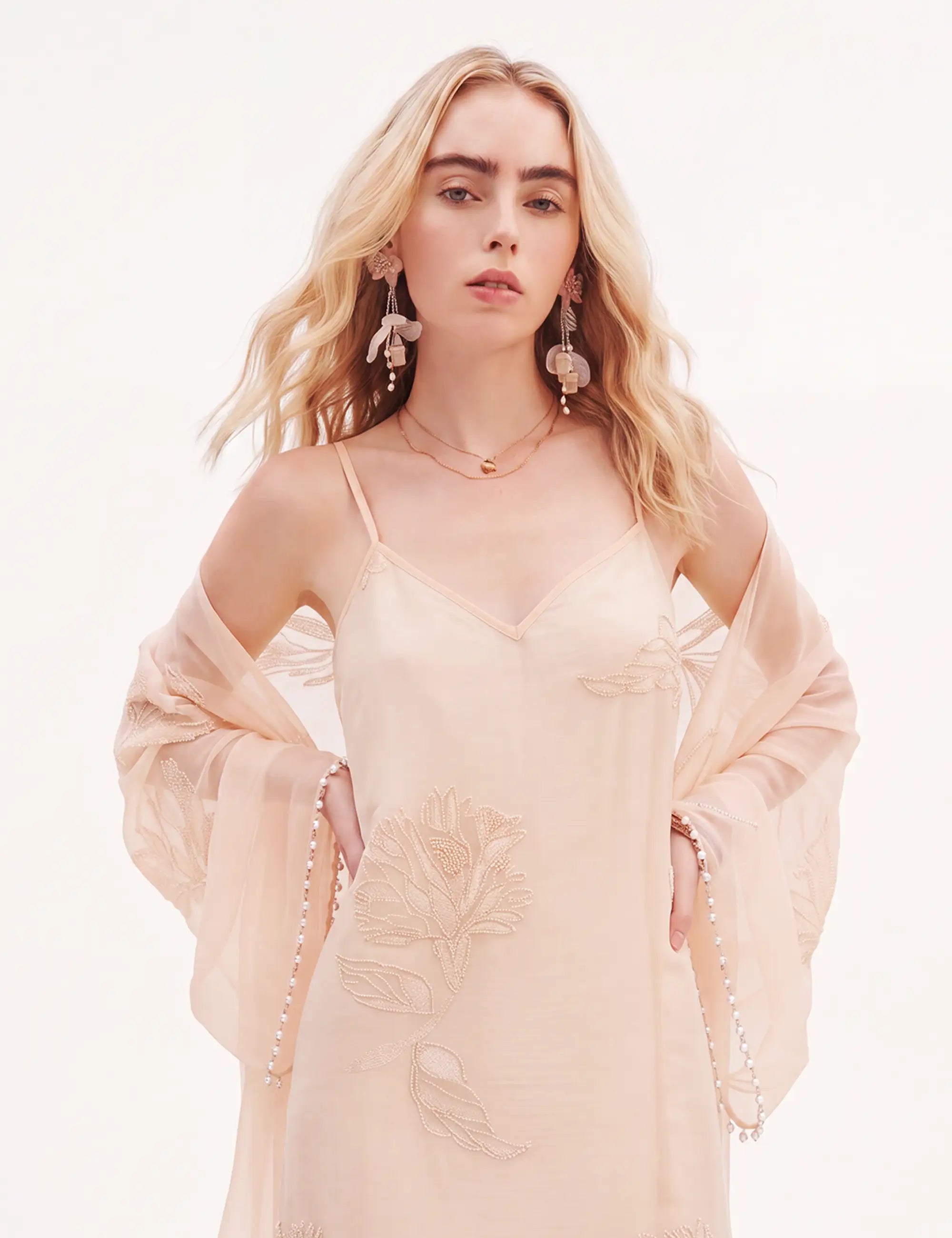 Elppis blush pink sheer midi slip dress with gold leaf embroidery on a white background