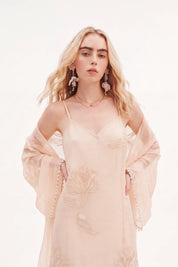 Elppis blush pink sheer midi slip dress with gold leaf embroidery on a white background