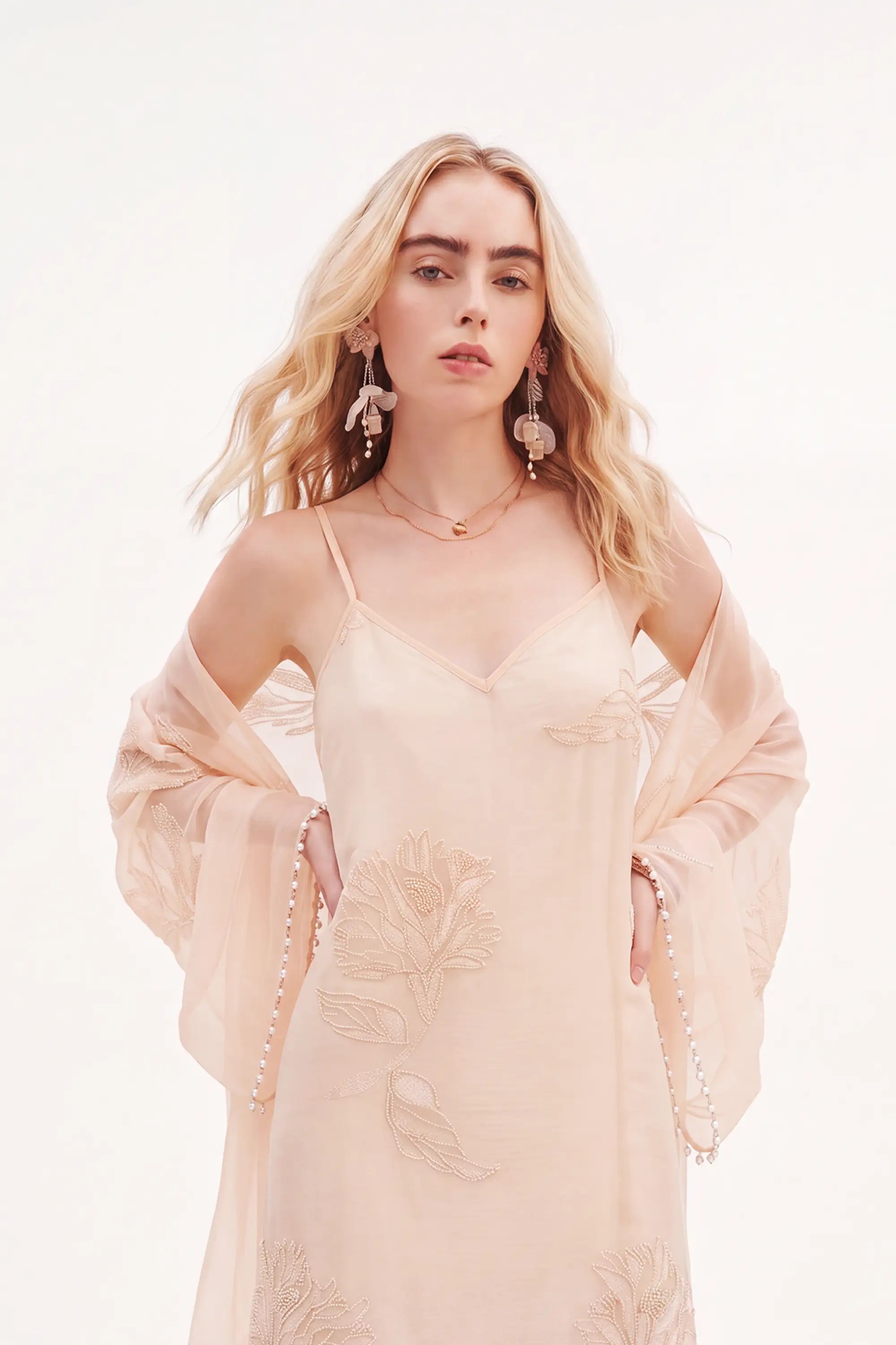 Elppis blush pink sheer midi slip dress with gold leaf embroidery on a white background